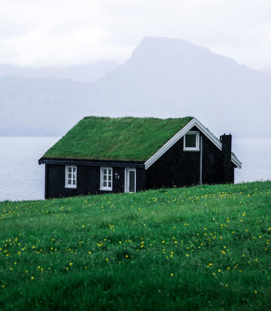 Charming black wooden house with a grass roof in the tranquil Faroe Islands landscape.