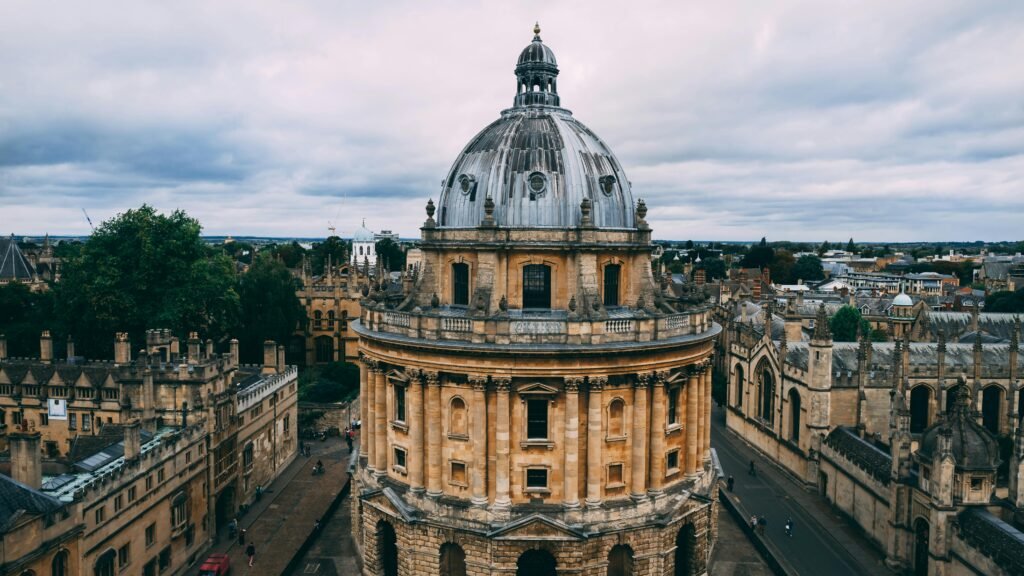 Aerial view of the iconic Radcliffe Camera in Oxford, England, showcasing classic architecture.